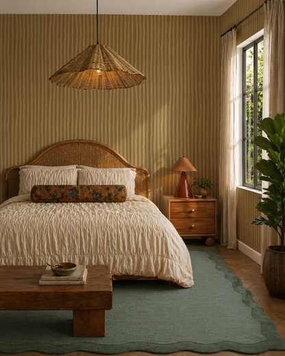 Wallpaper Dolce Stripe in Mustard and Butter with warm vertical stripes in a styled bedroom on Tampa Home & Garden Store