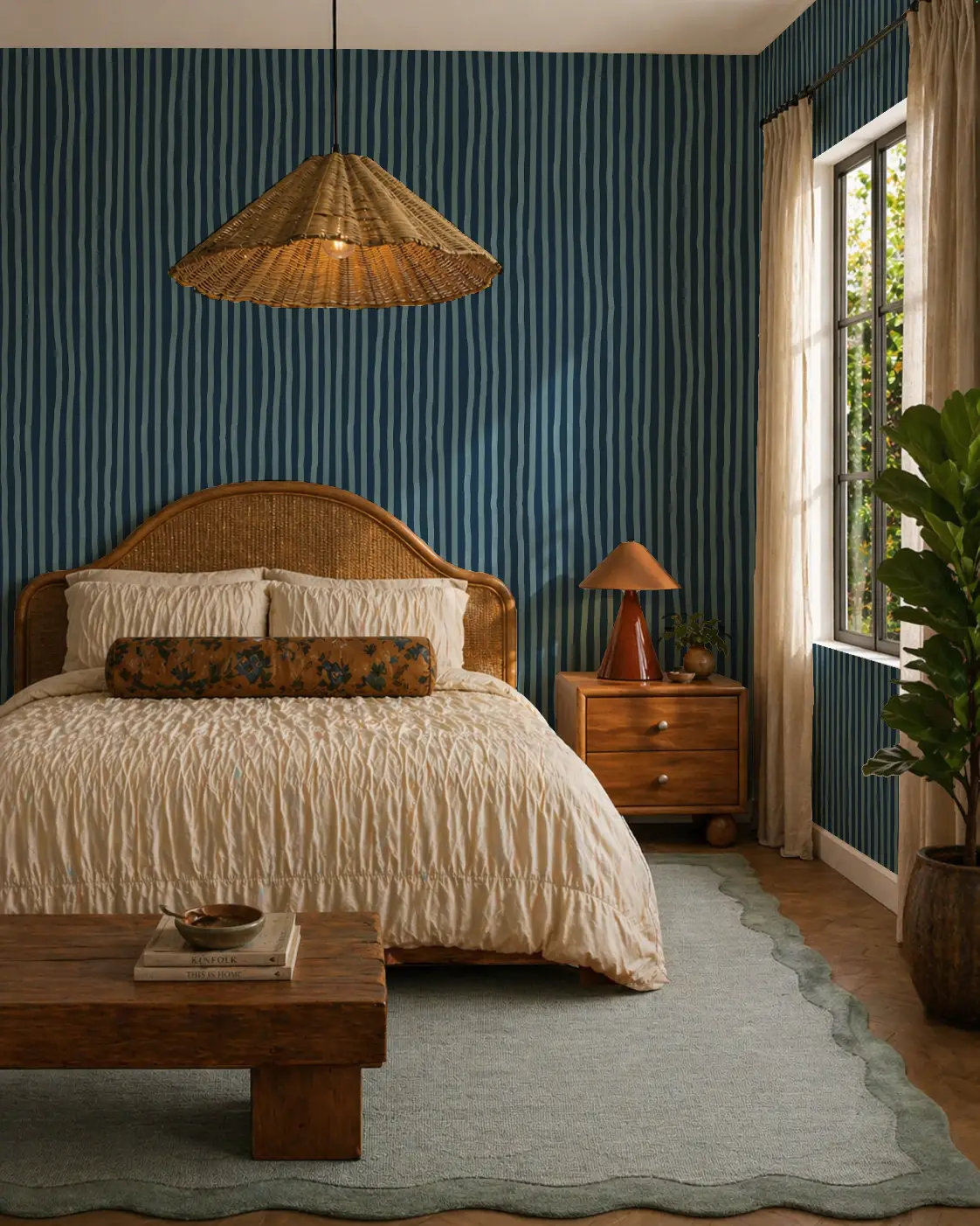 Dolce Stripe Wallpaper in Navy and Light Blue on a bedroom wall with a wicker headboard on Tampa Home & Garden Store