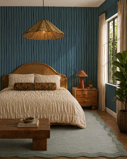 Dolce Stripe Wallpaper in Navy and Light Blue on a bedroom wall with a wicker headboard on Tampa Home & Garden Store