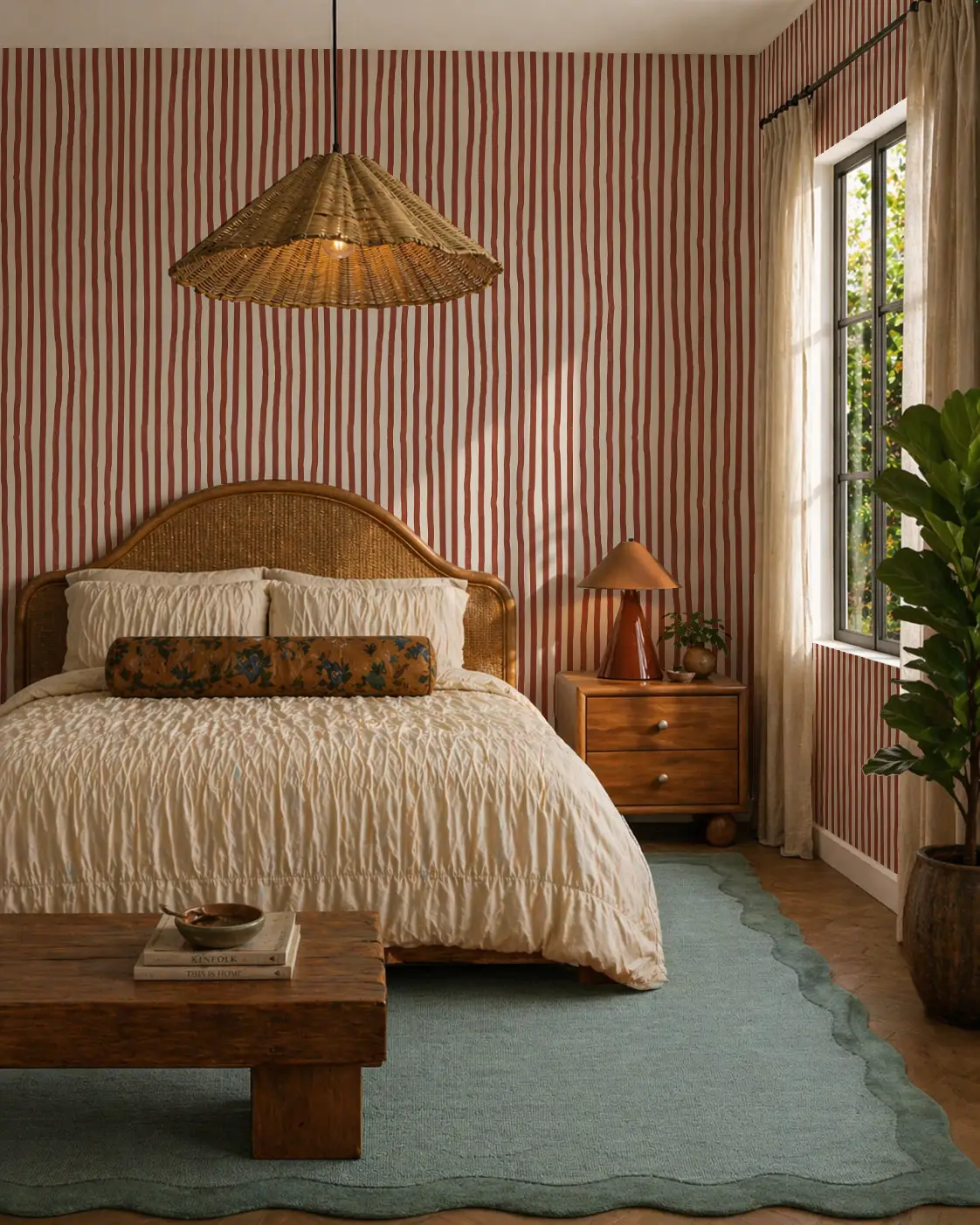 Dolce Stripe Wallpaper Off White and Brick Red with vertical stripes on bedroom wall on Tampa Home & Garden Store