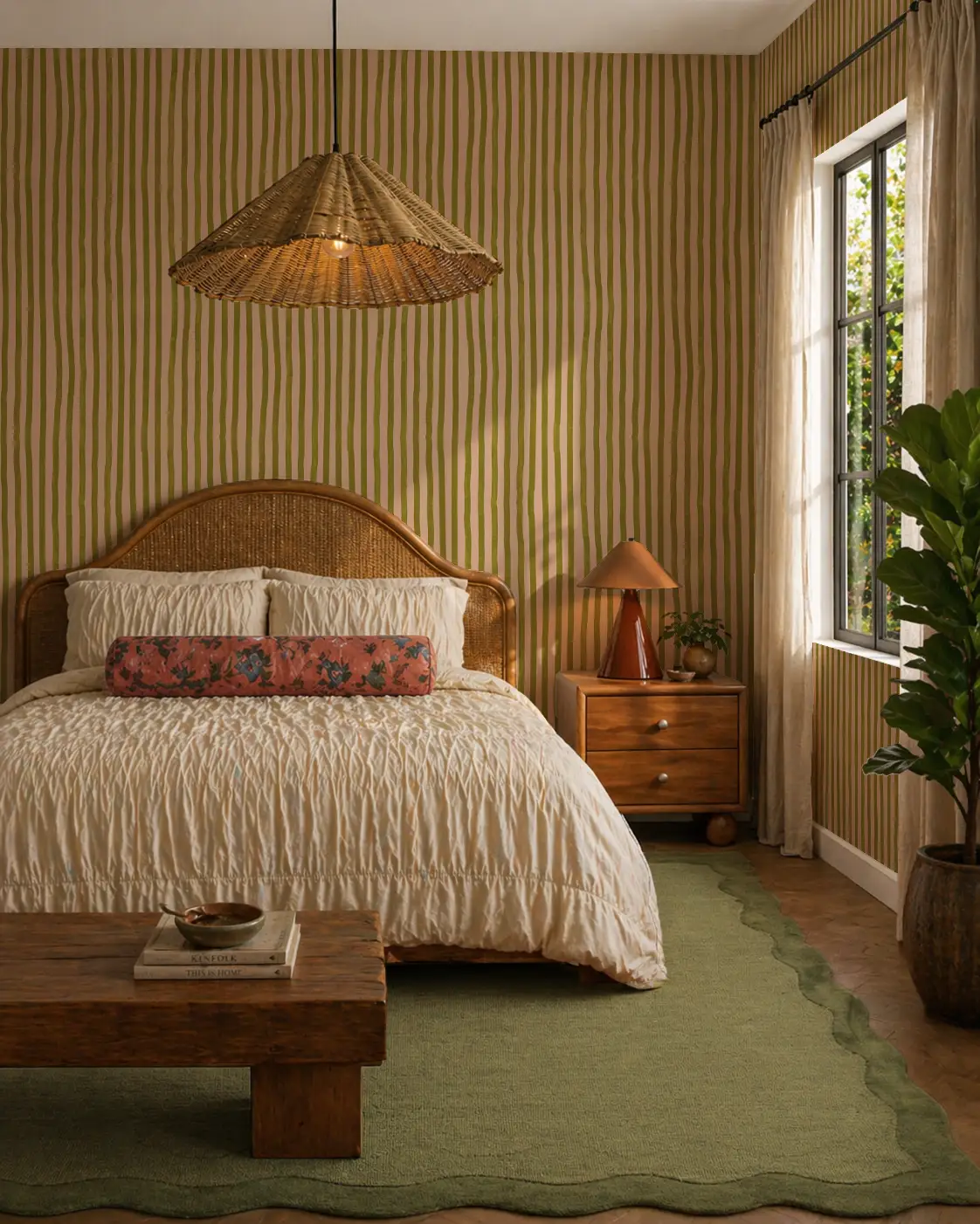 Dolce Stripe Wallpaper Peach and Chartreuse with vertical stripes in a cozy bedroom on Tampa Home & Garden Store