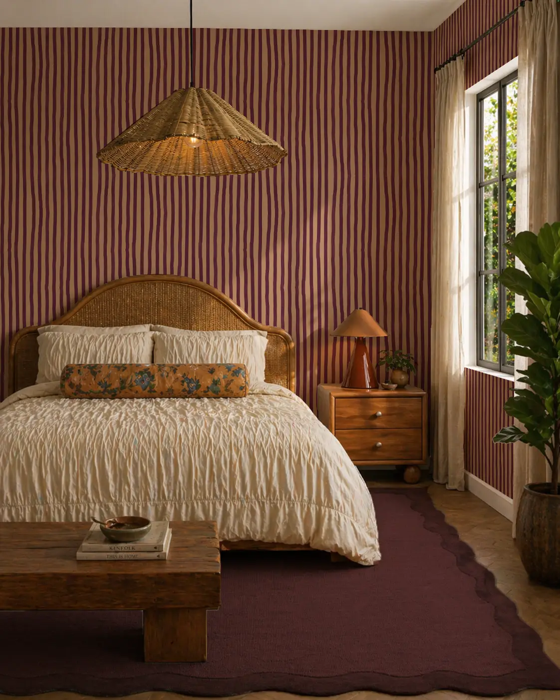 Dolce Stripe Wallpaper peach and eggplant in a cozy bedroom with rattan headboard on Tampa Home & Garden Store