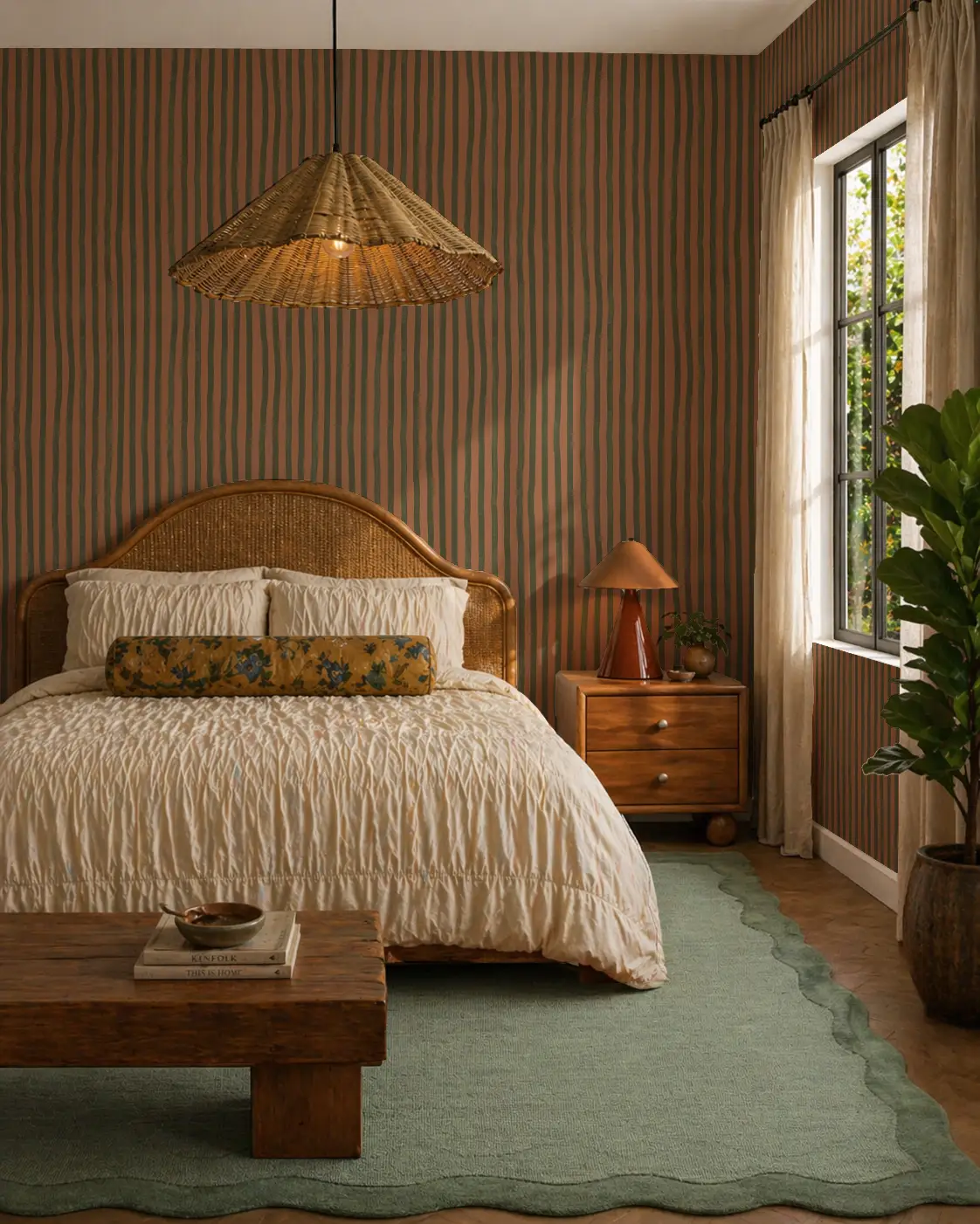Dolce Stripe Wallpaper Terra Cotta and Olive striped walls in bedroom setup on Tampa Home & Garden Store