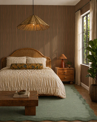 Dolce Stripe Wallpaper Terra Cotta and Olive striped walls in bedroom setup on Tampa Home & Garden Store