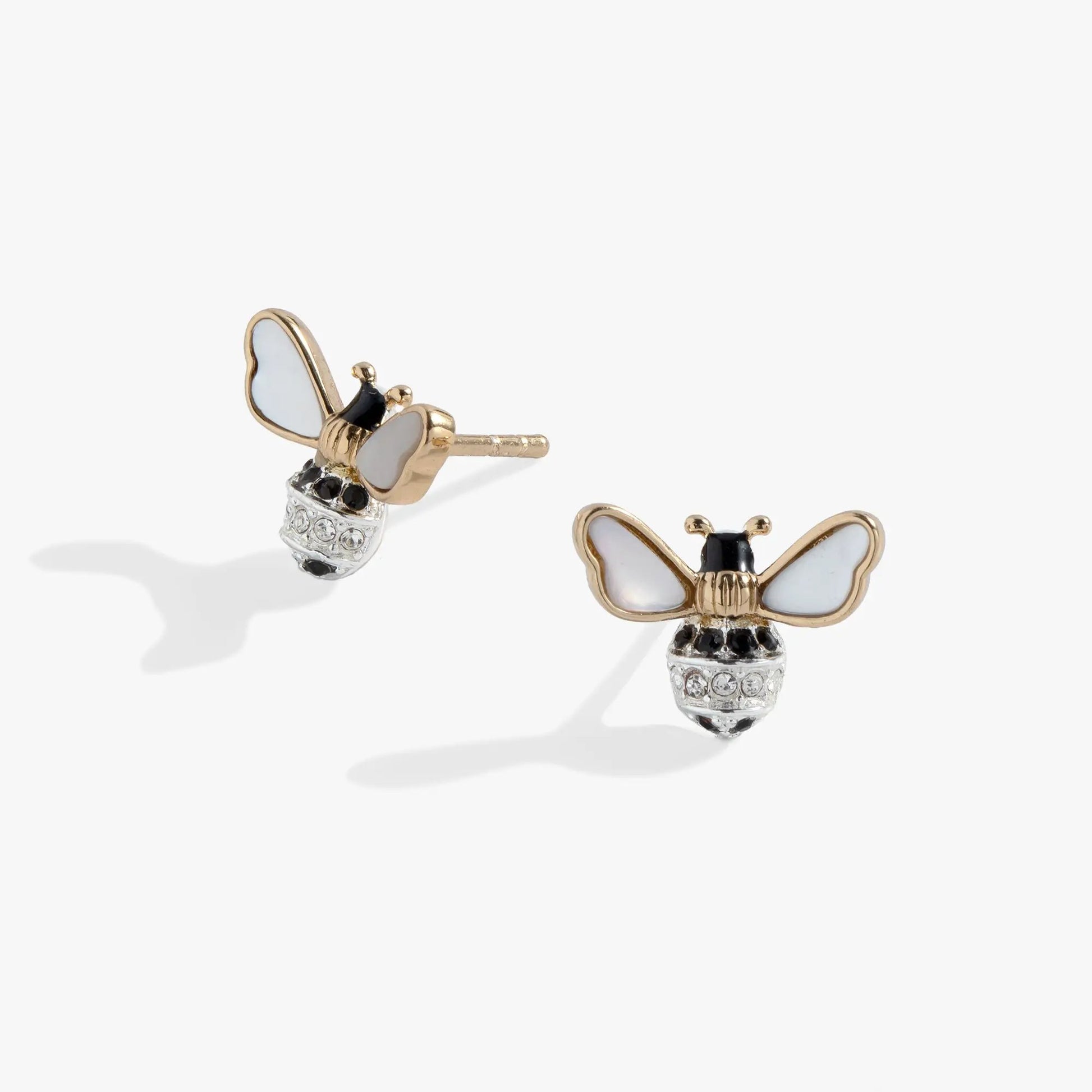 Bee stud earrings by Alex and Ani, pair with white enamel wings and crystal-accented bodies on Tampa Home & Garden Store
