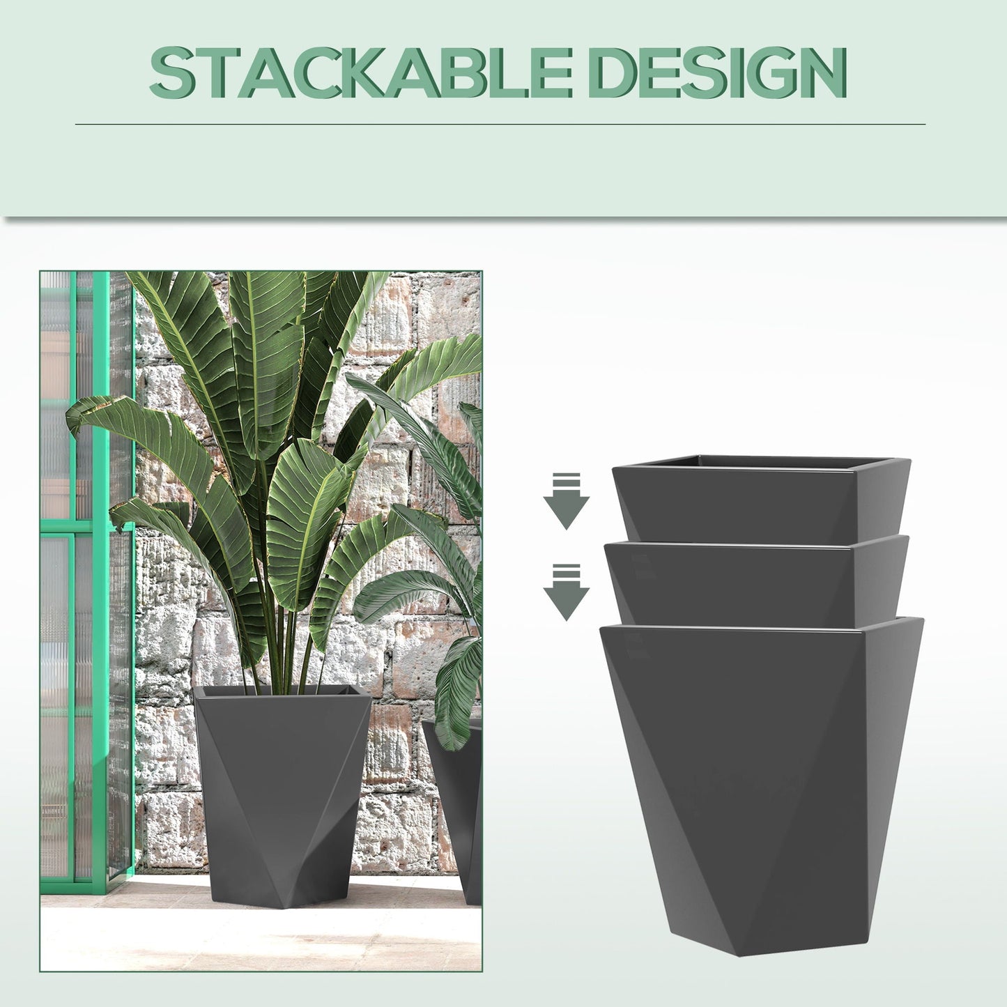 Planters set of 3 gray stackable indoor outdoor pots with drainage holes on Tampa Home & Garden Store