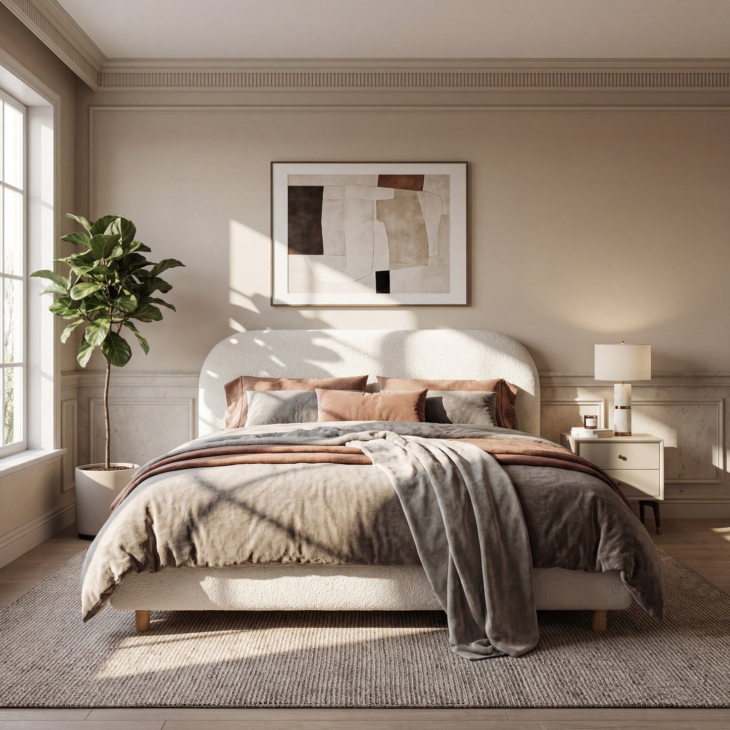 Queen size upholstered bed in beige bouclé fabric with neutral bedding in a sunlit bedroom on Tampa Home & Garden Store