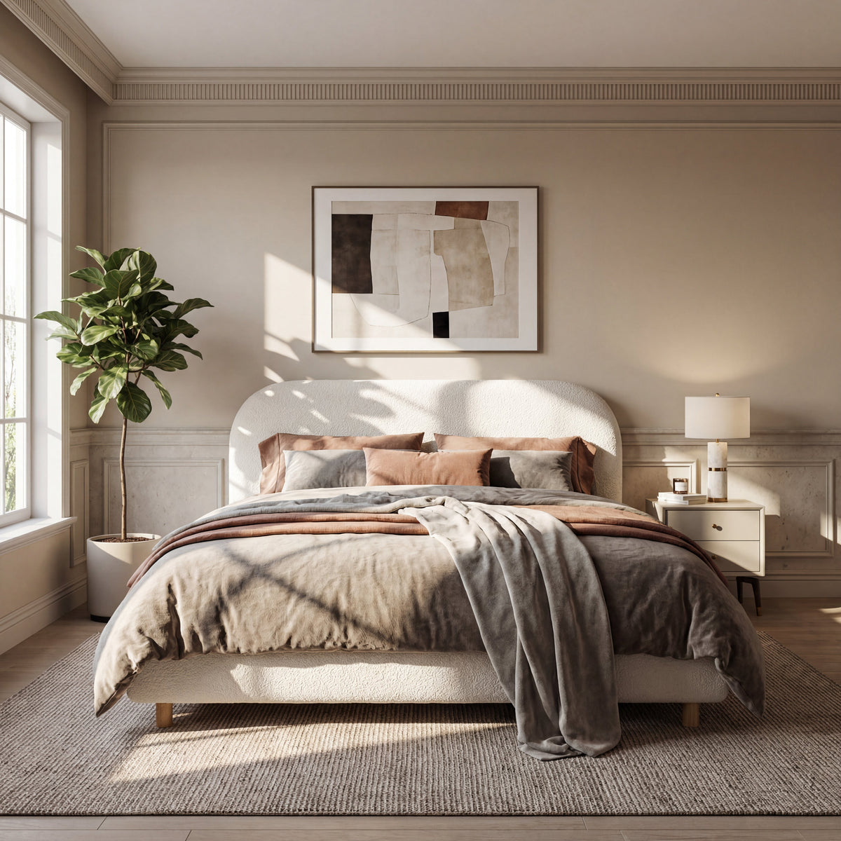 Queen size upholstered bed in beige bouclé fabric with neutral bedding in a sunlit bedroom on Tampa Home & Garden Store