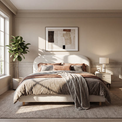Queen size upholstered bed in beige bouclé fabric with neutral bedding in a sunlit bedroom on Tampa Home & Garden Store
