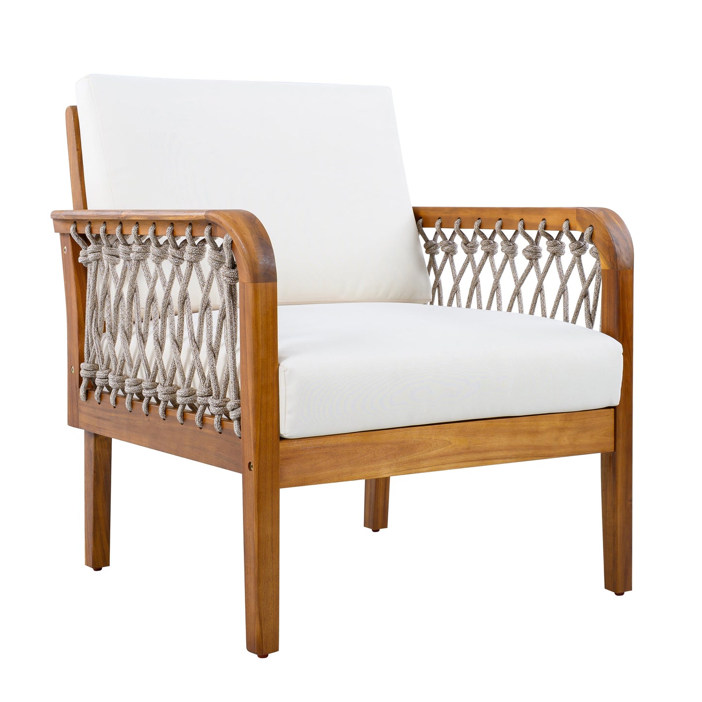 Outdoor Acacia Wood Club Chair with white cushion and handwoven rope teak HouseOfZazla on Tampa Home & Garden Store