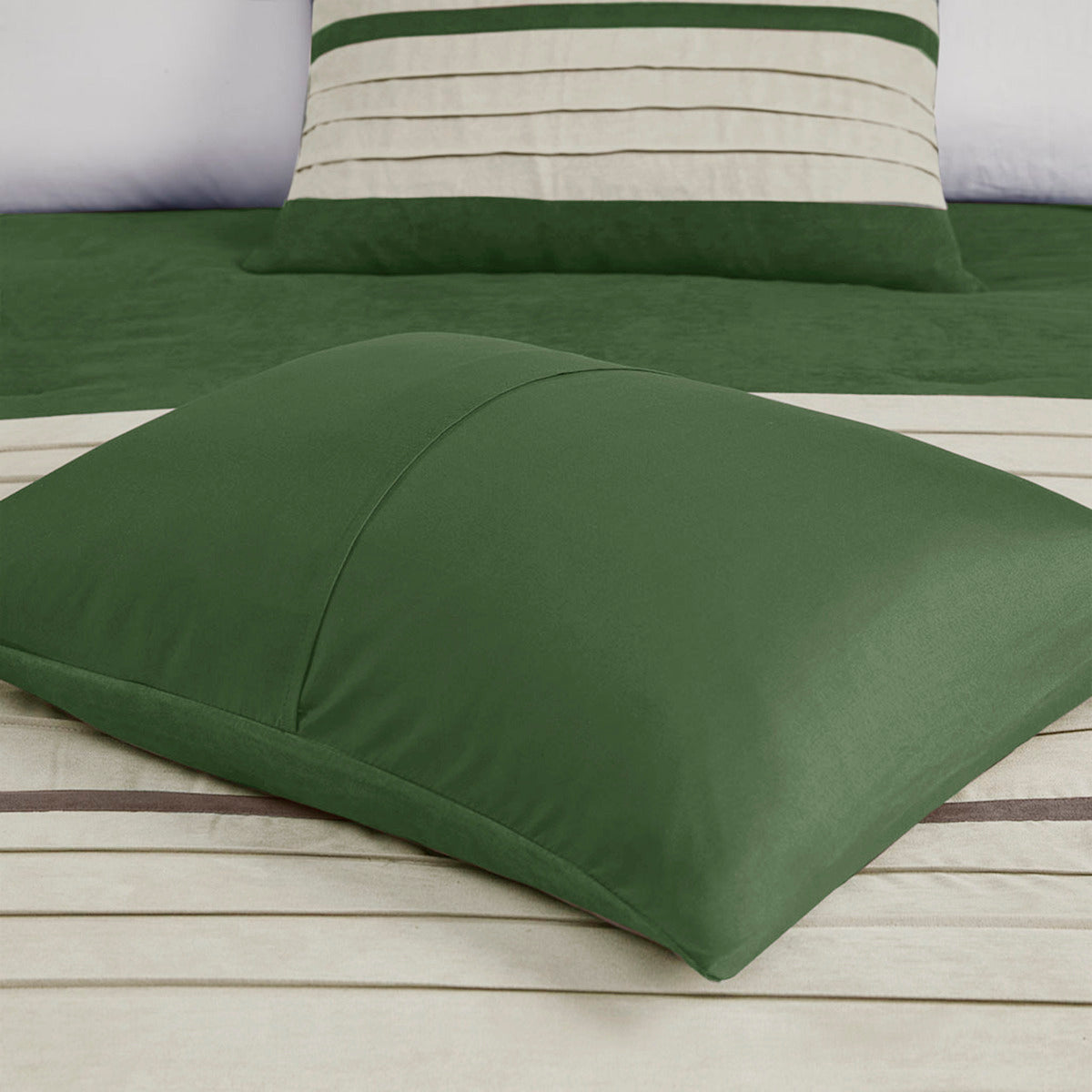 7 Pc Faux Suede Comforter Set Green King by HouseOfZazla green bedding with beige accents on Tampa Home & Garden Store