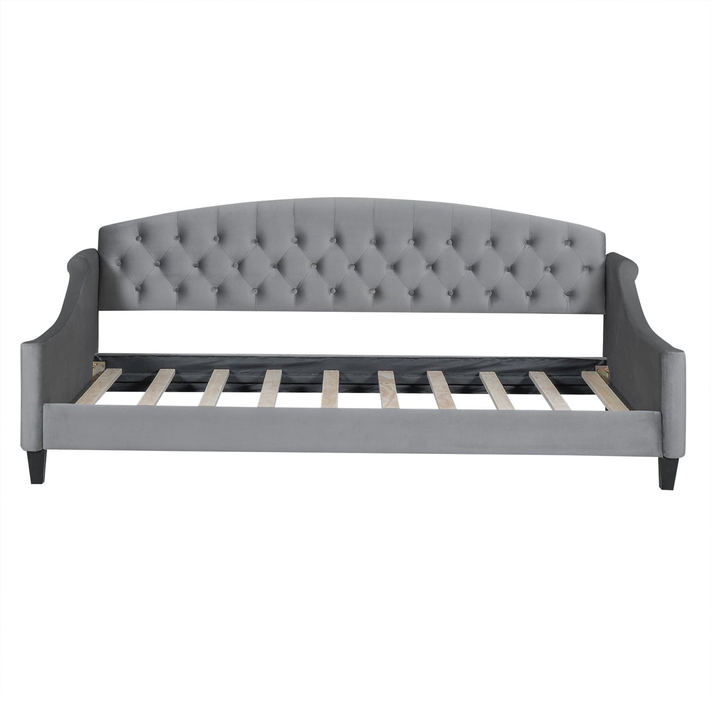 Modern button-tufted daybed gray upholstery with curved arms and wood slats base HouseOfZazla on Tampa Home & Garden Store