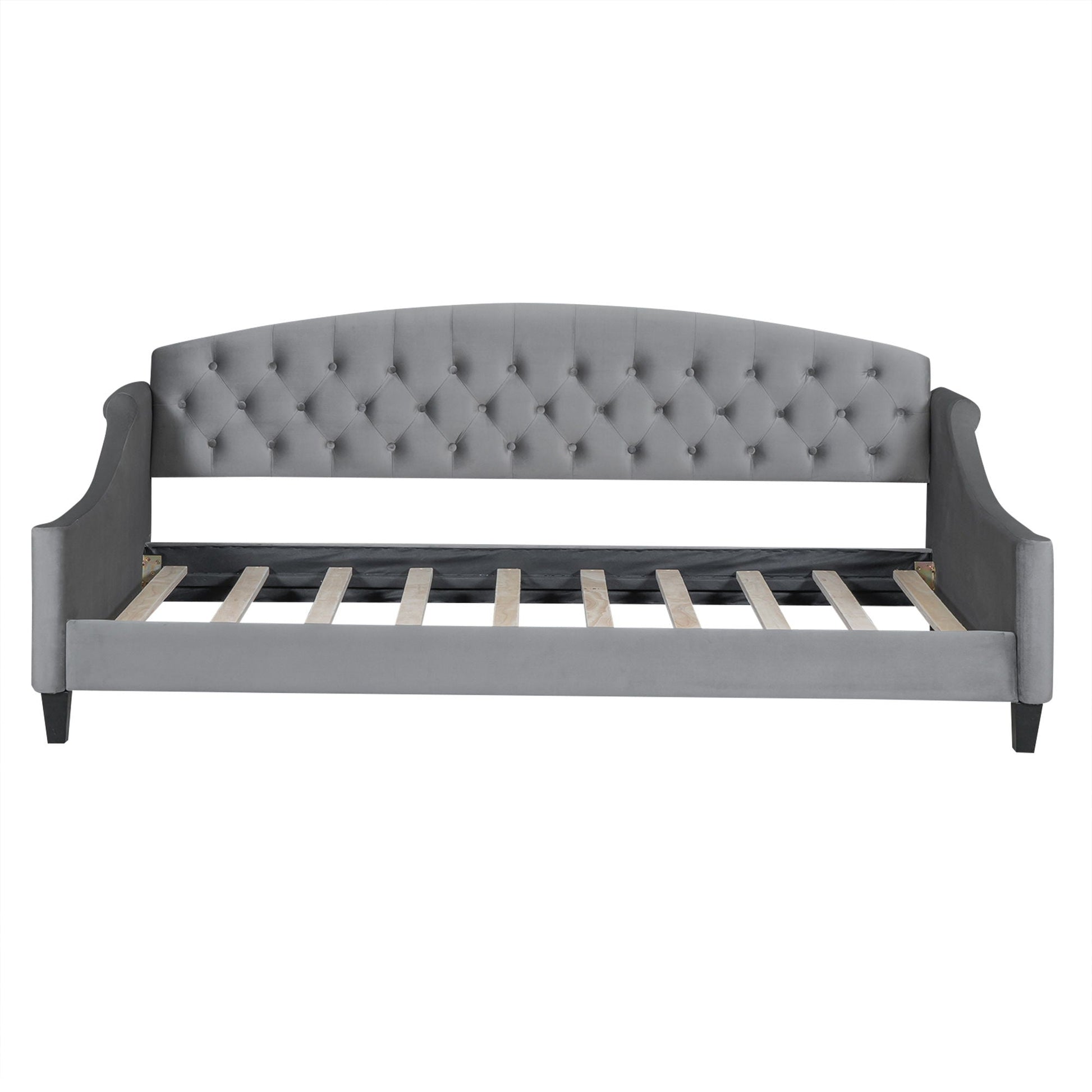 Modern button-tufted daybed gray upholstery with curved arms and wood slats base HouseOfZazla on Tampa Home & Garden Store