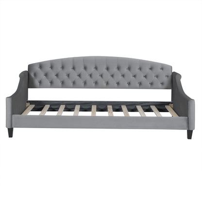 Modern button-tufted daybed gray upholstery with curved arms and wood slats base HouseOfZazla on Tampa Home & Garden Store