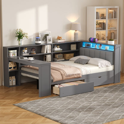 Platform bed with upholstered headboard, desk and storage in gray by HouseOfZazla on Tampa Home & Garden Store