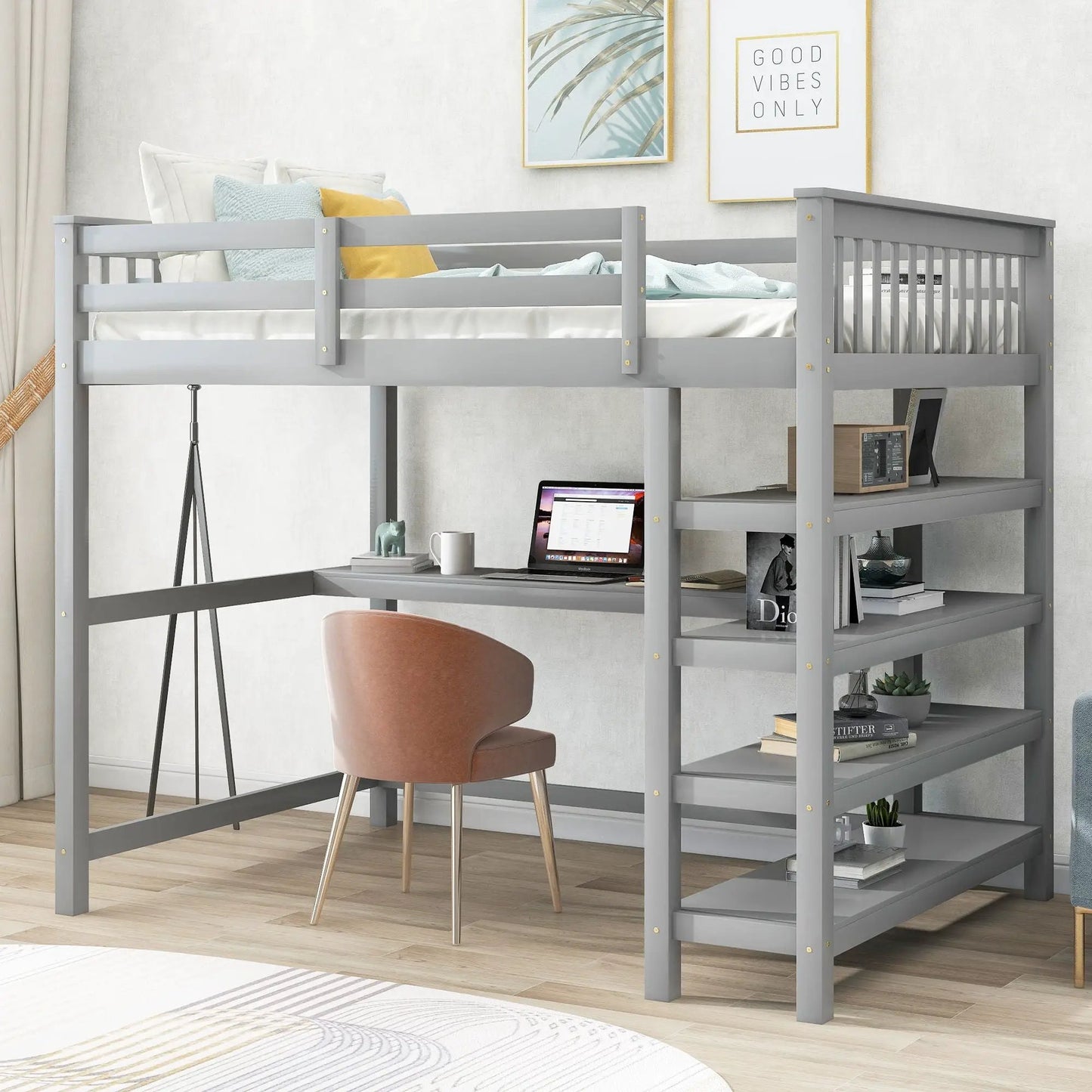 Loft Bed with Storage Shelves and Under Bed Desk
