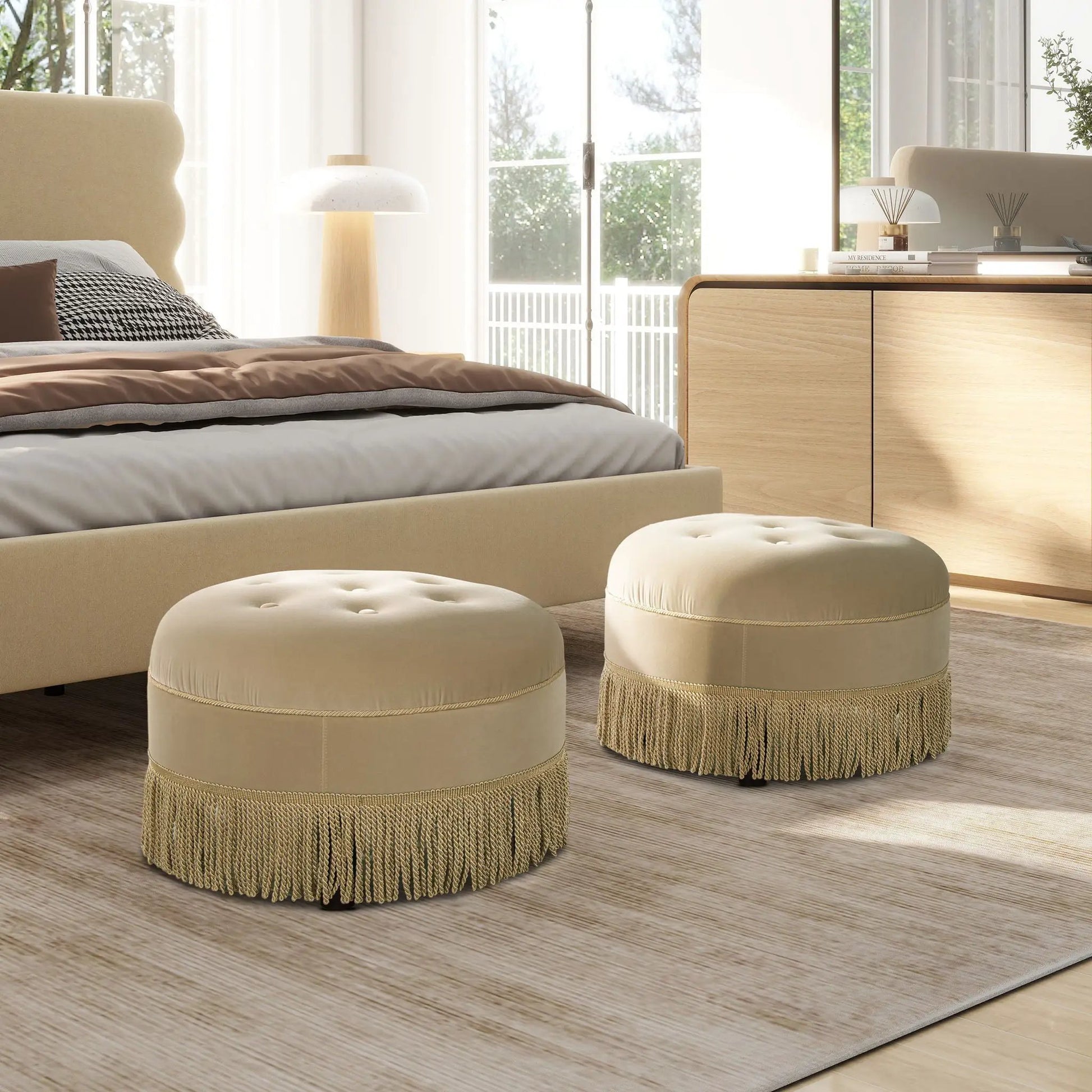 Yolanda round upholstered accent ottomans in beige fabric with tassel fringe trim set of 3 on Tampa Home & Garden Store