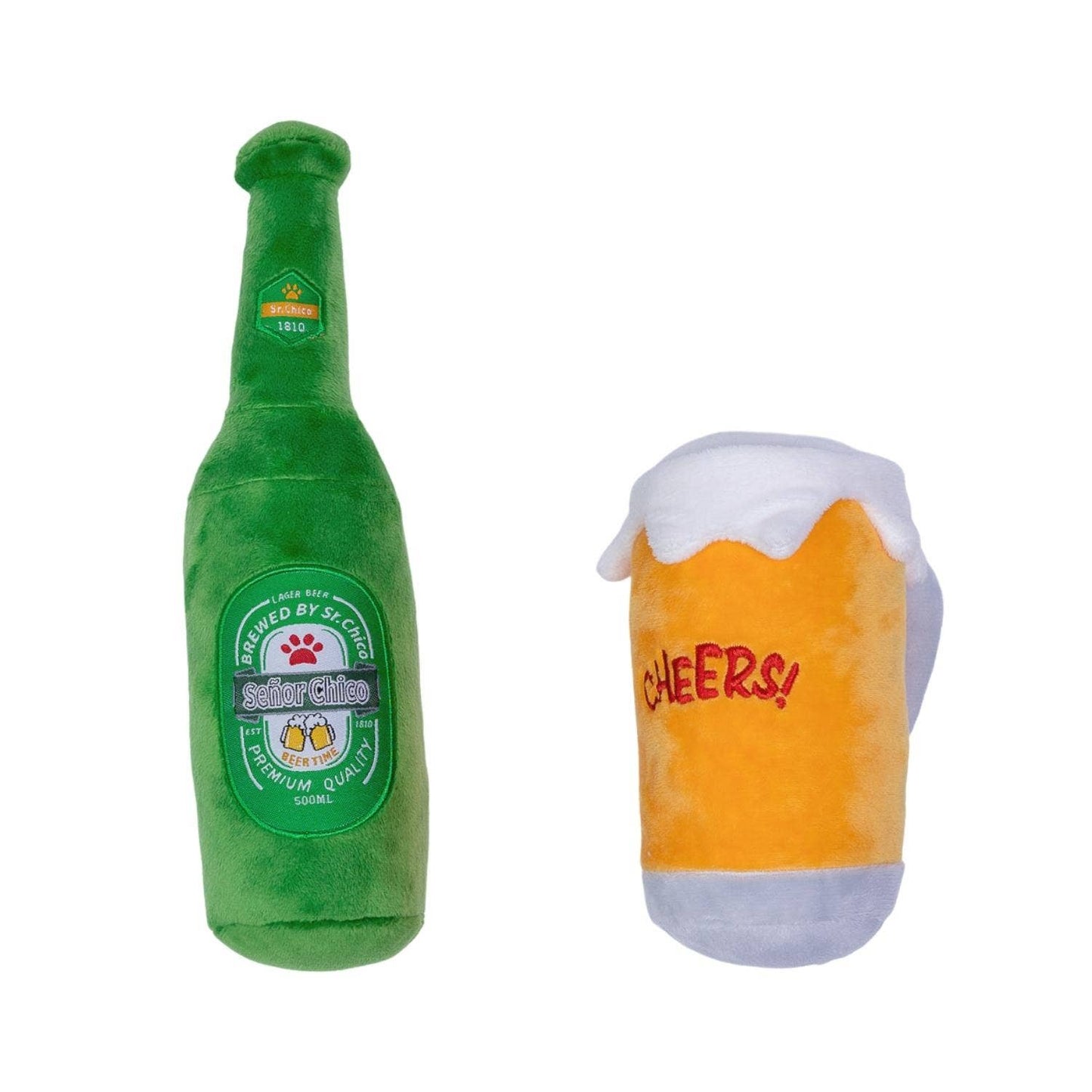 Set de regalo de peluche para perro Beers-Cheers: con chirriador y papel arrugado para divertirse.