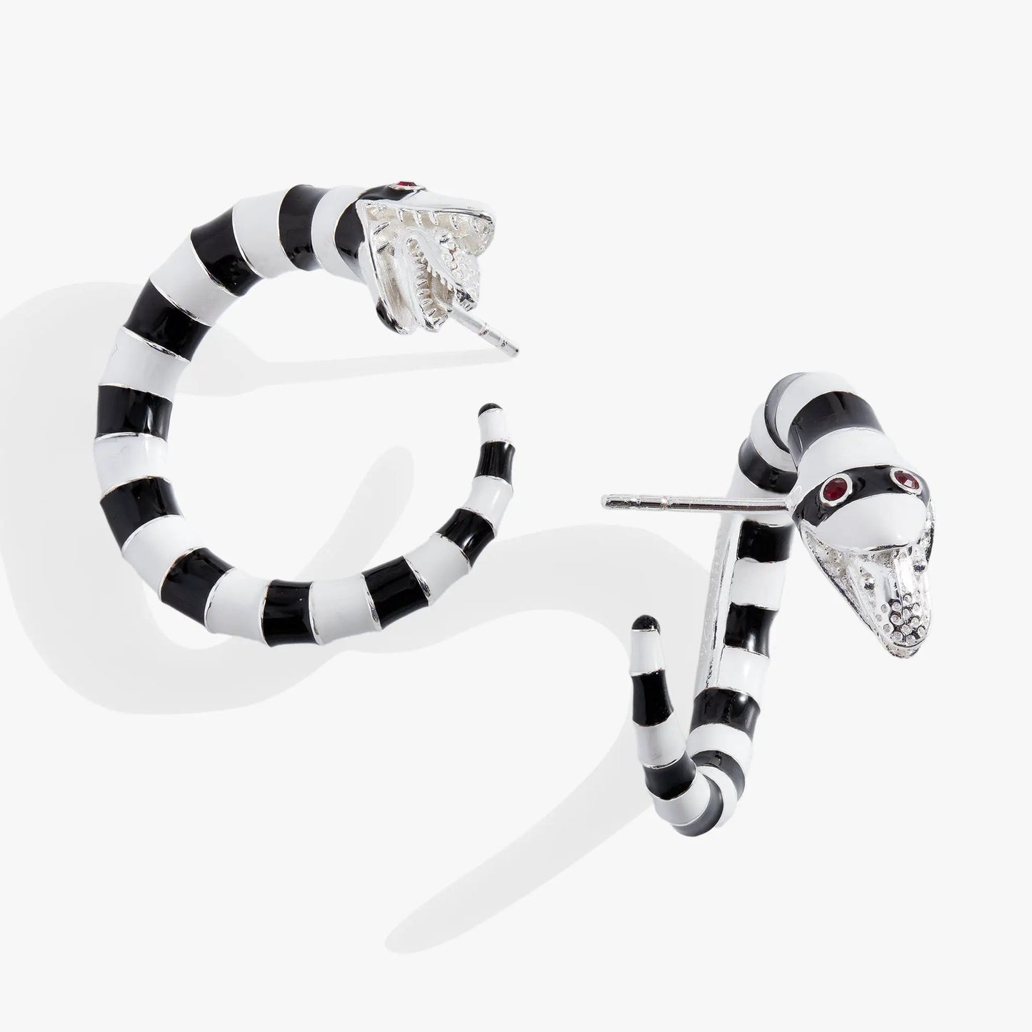 Beetlejuice Sandworm Hoop Earring, black and white striped spiral with silver head on Tampa Home & Garden Store