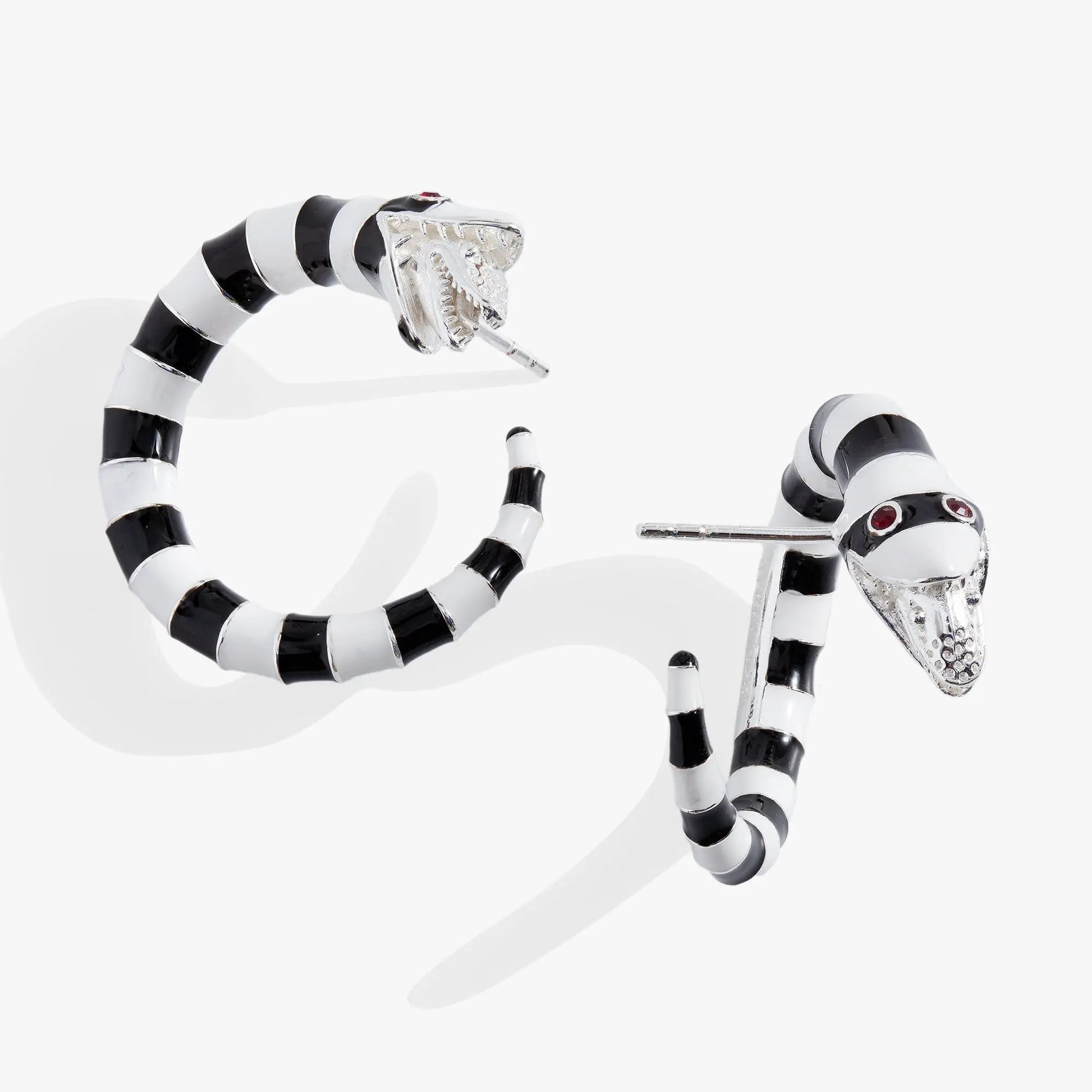 Beetlejuice Sandworm Hoop Earring, black and white striped spiral with silver head on Tampa Home & Garden Store