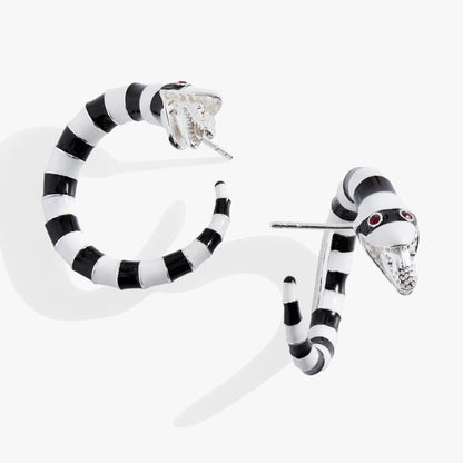 Beetlejuice Sandworm Hoop Earring, black and white striped spiral with silver head on Tampa Home & Garden Store