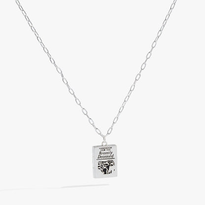 Beetlejuice Handbook pendant necklace by Alex and Ani, silver chain, rectangular charm on Tampa Home & Garden Store