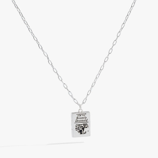 Beetlejuice Handbook pendant necklace by Alex and Ani, silver chain, rectangular charm on Tampa Home & Garden Store