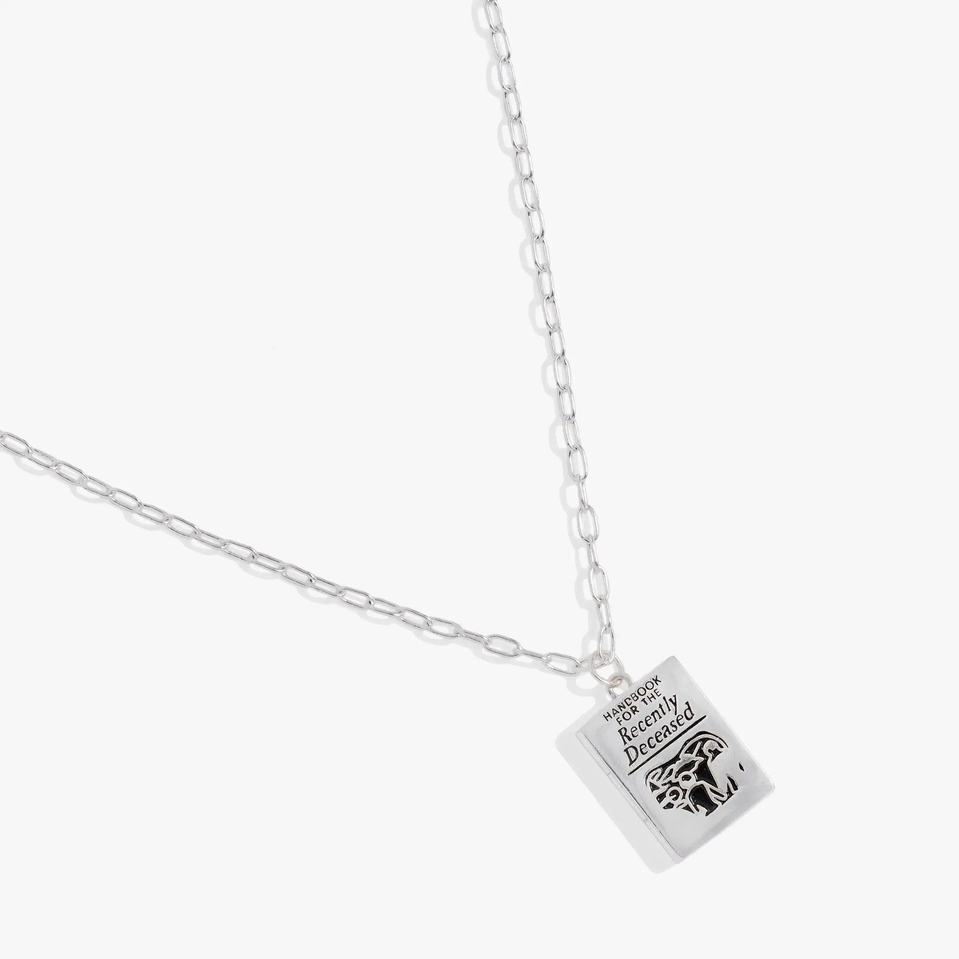 Beetlejuice Handbook pendant necklace by ALEX AND ANI, silver chain with tag on Tampa Home & Garden Store