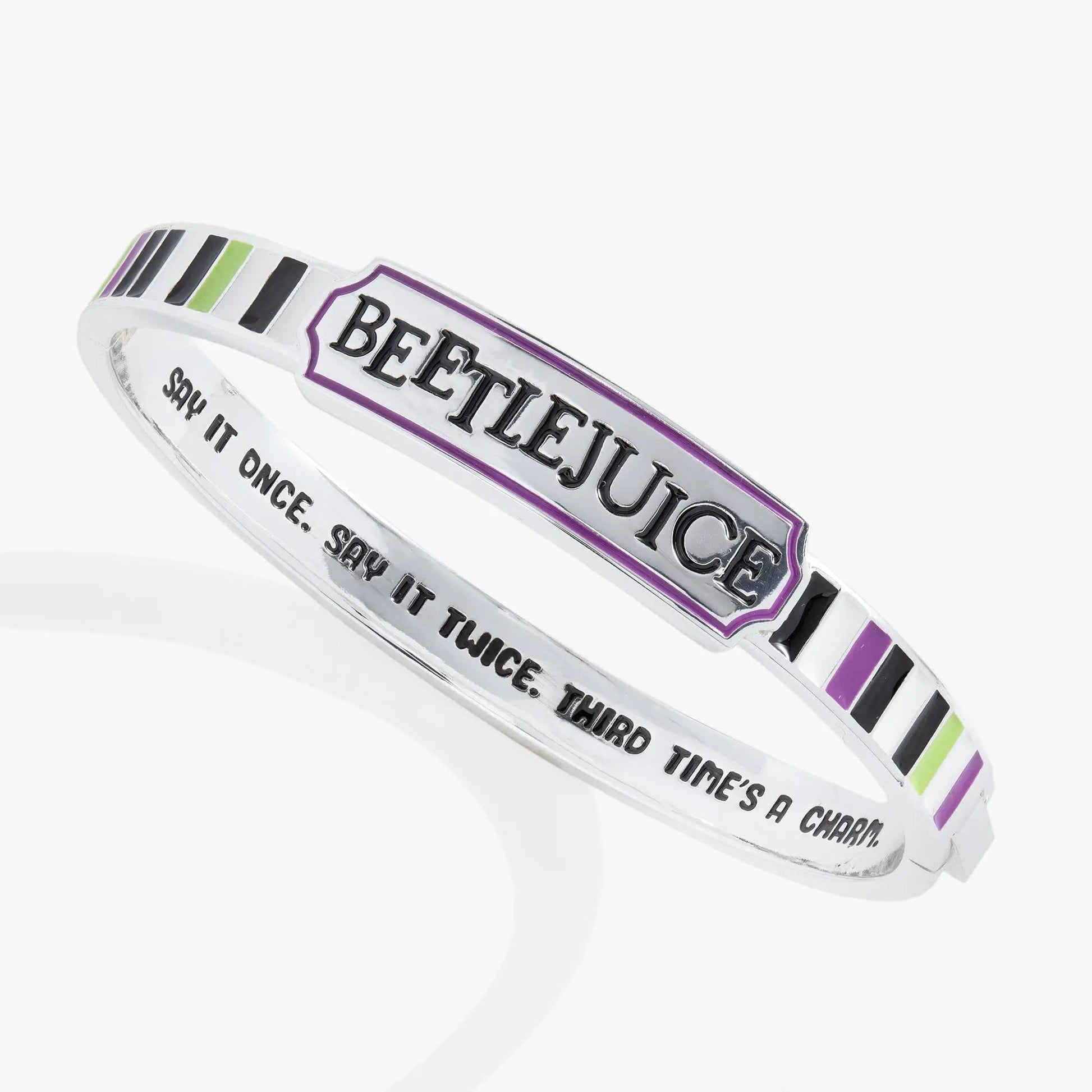 Beetlejuice bangle by ALEX AND ANI, silver-tone bracelet with BEETLEJUICE plaque, purple border on Tampa Home & Garden Store