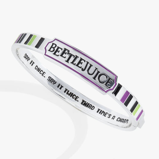 Beetlejuice bangle by ALEX AND ANI, silver-tone bracelet with BEETLEJUICE plaque, purple border on Tampa Home & Garden Store