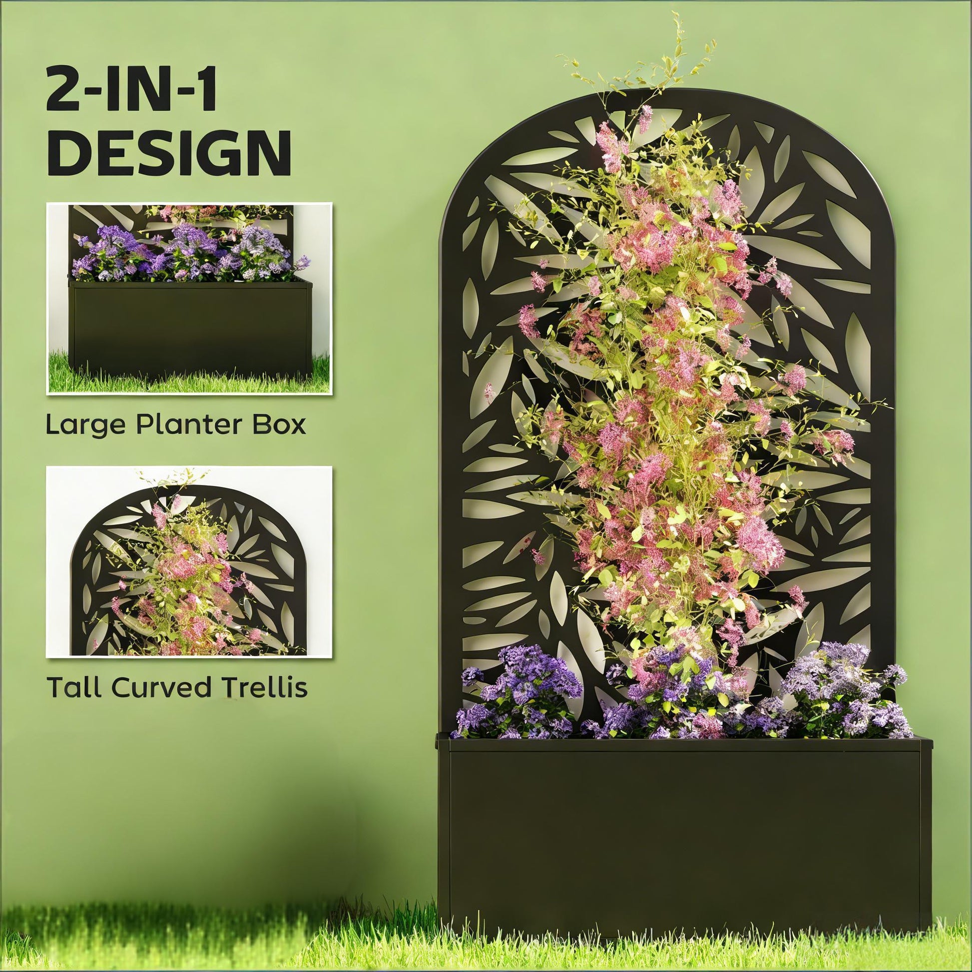 Curved raised garden bed with black trellis and pink blooms for display on Tampa Home & Garden Store