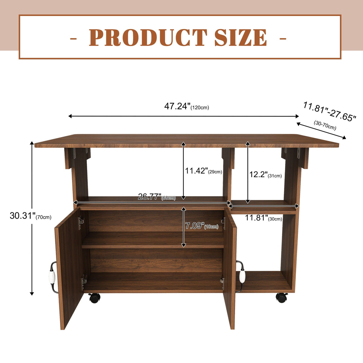 Folding island table with wheels and storage shelves brown wood on Tampa Home & Garden Store