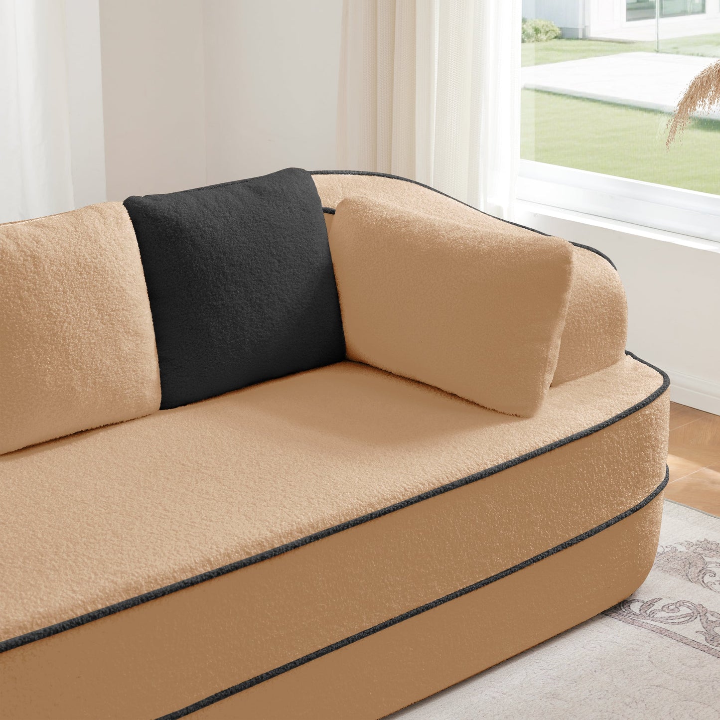 Camel Teddy Sofa with Pillows and Right Chaise