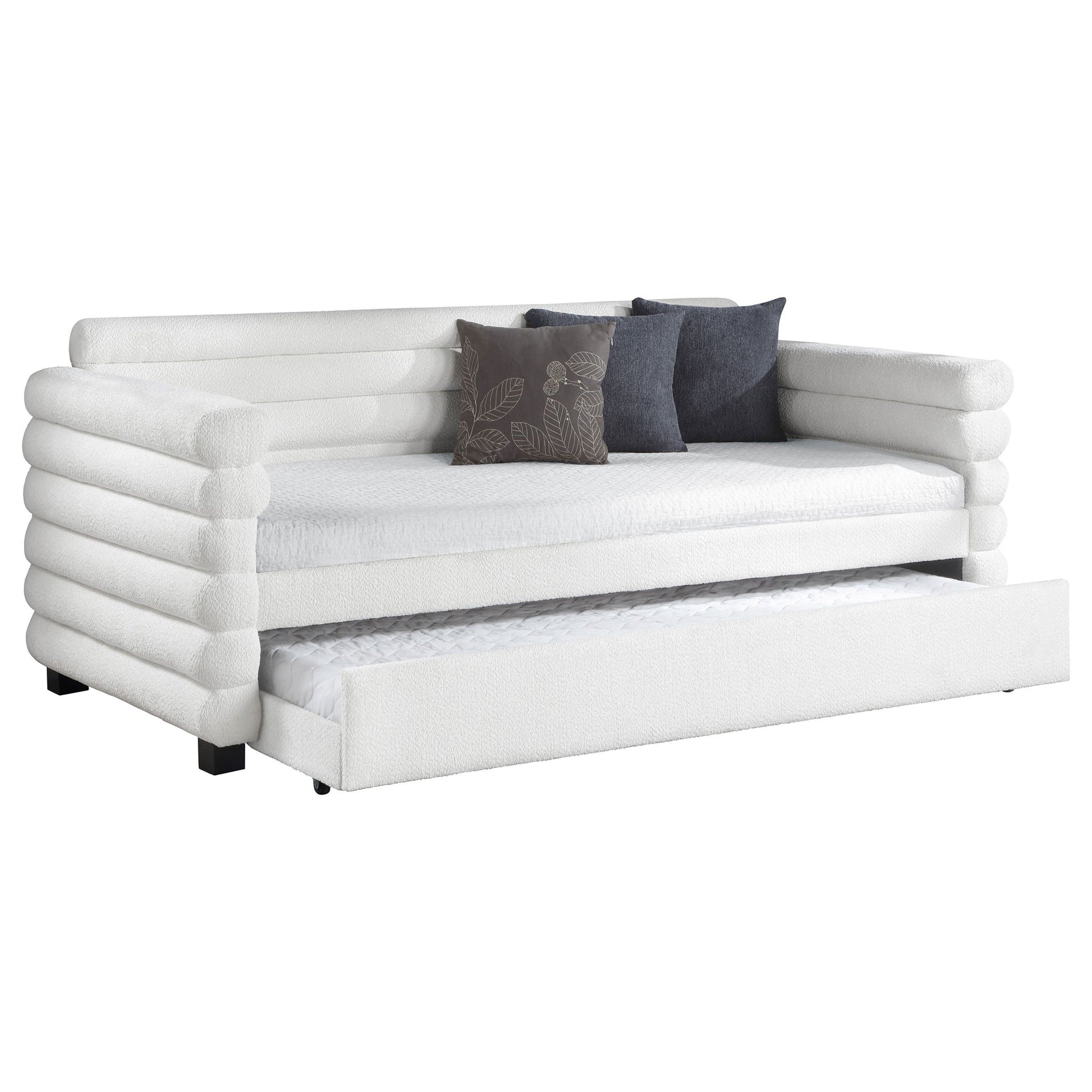 Fandango upholstered twin day bed with trundle in white textured fabric on Tampa Home & Garden Store