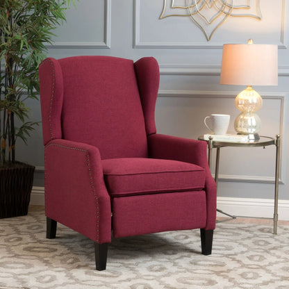 Westeros Wing Back Upholstered Recliner in red fabric with nailhead trim and dark legs on Tampa Home & Garden Store