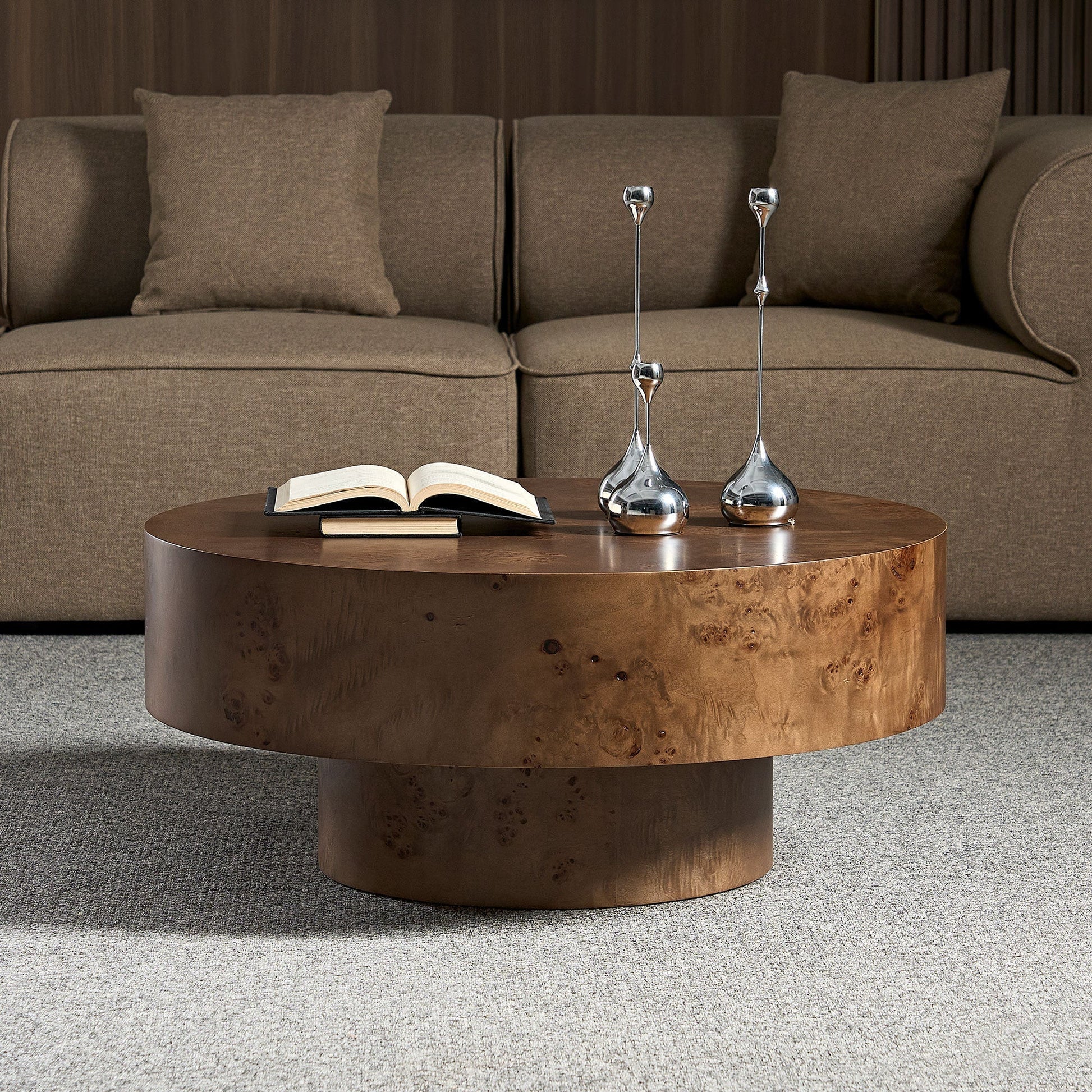 HouseOfZazla burl wood round coffee table brown finish with book and candlesticks on Tampa Home & Garden Store