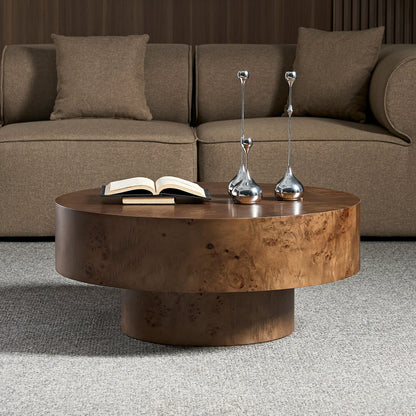 HouseOfZazla burl wood round coffee table brown finish with book and candlesticks on Tampa Home & Garden Store