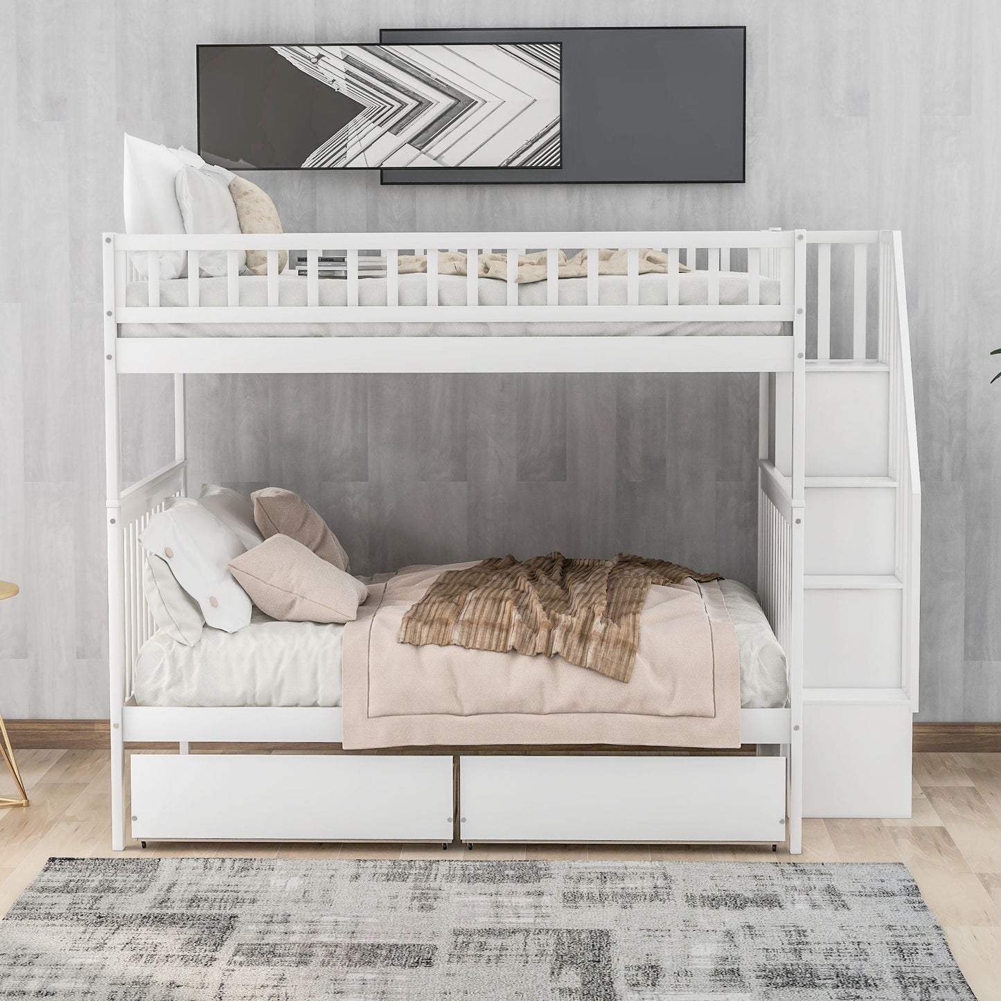 HouseOfZazla white bunk bed with staircase, top bunk guard rail and built-in stairs, under-bed drawers on Tampa Home & Garden Store