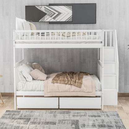 HouseOfZazla white bunk bed with staircase, top bunk guard rail and built-in stairs, under-bed drawers on Tampa Home & Garden Store