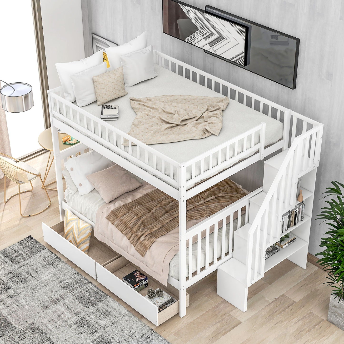 Bunk Bed With Staircase by HouseOfZazla, white wood twin bunks with under-bed drawers on Tampa Home & Garden Store