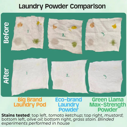 Green Llama fragrance-free laundry powder, 60 loads; before/after stain comparison on Tampa Home & Garden Store