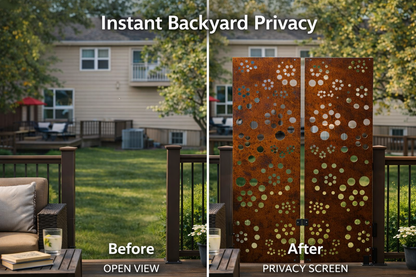 Outdoor metal privacy wall panels by Rustica Ornamentals in perforated steel pair for patio on Tampa Home & Garden Store