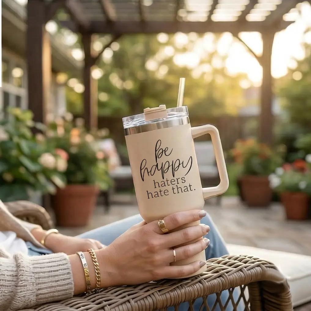 Be Happy 40oz Insulated Mug with Handle and Straw