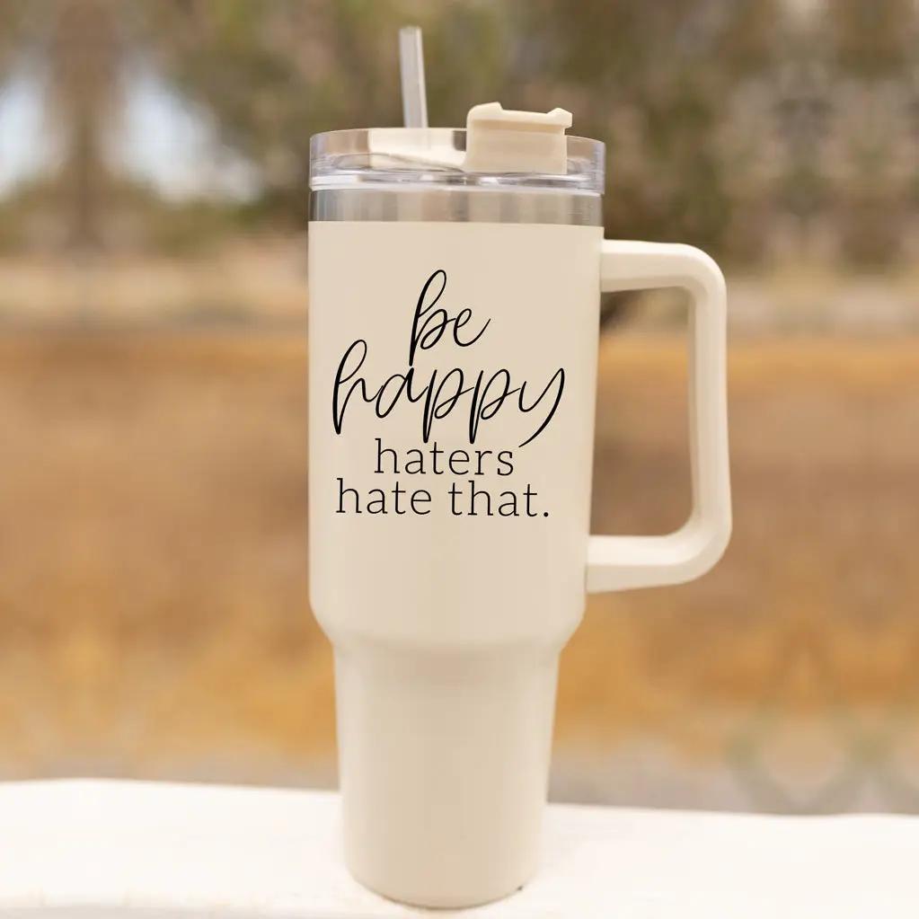 Be Happy 40oz Insulated Mug with Handle and Straw