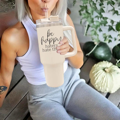 Be Happy 40oz Insulated Mug with Handle and Straw