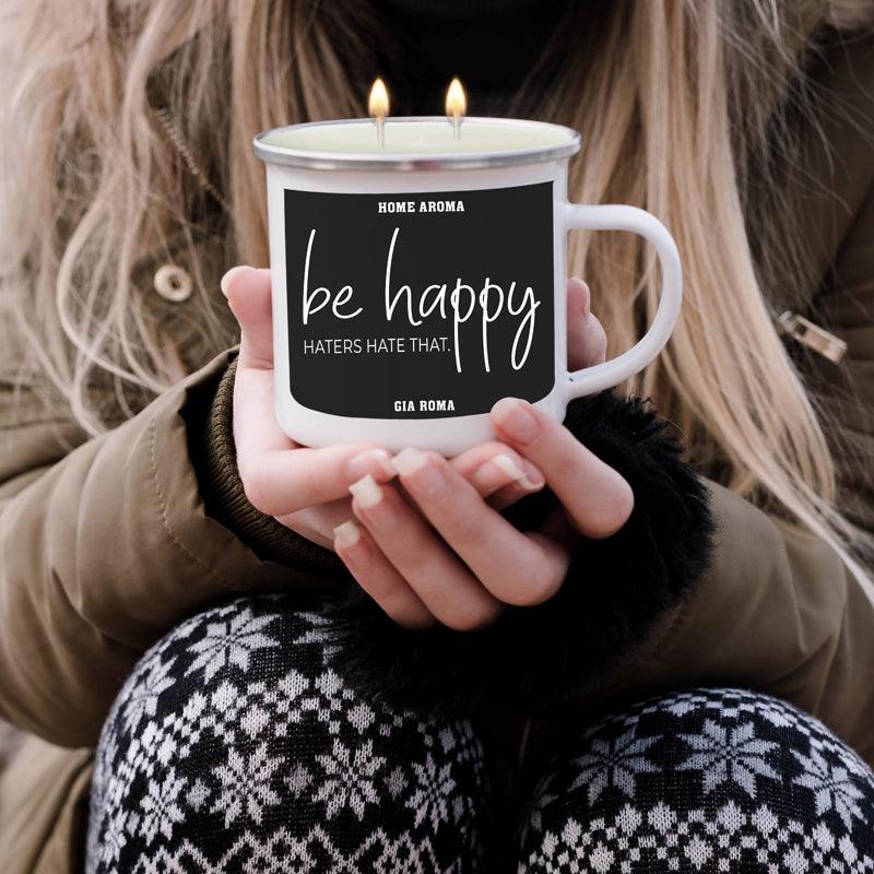 16oz Gia Roma Candle Mug with black label reading be happy, white ceramic mug, two wicks on Tampa Home & Garden Store