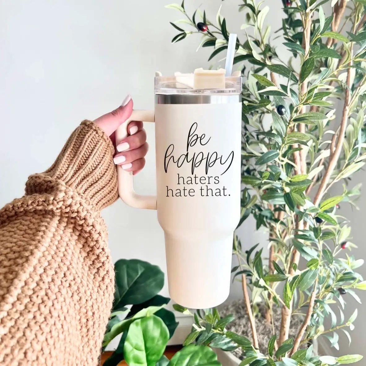 Be Happy 40oz Insulated Mug with Handle and Straw