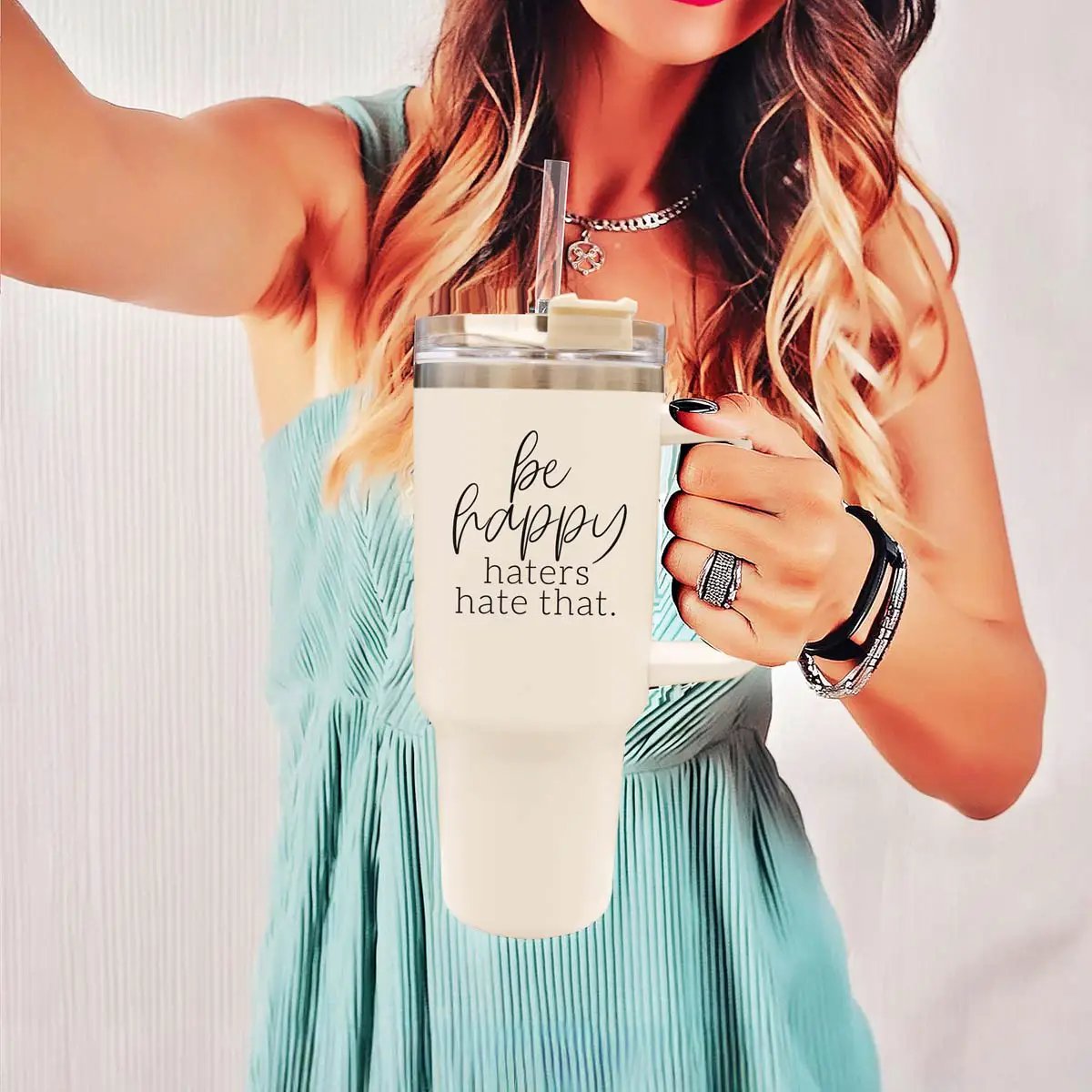 Be Happy 40oz Insulated Mug with Handle and Straw