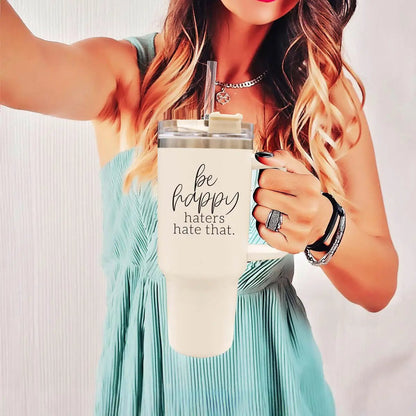 Be Happy 40oz Insulated Mug with Handle and Straw