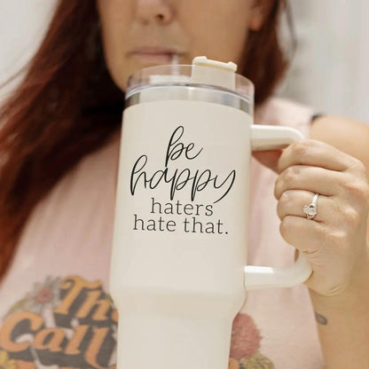 Be Happy 40oz Insulated Mug with Handle and Straw